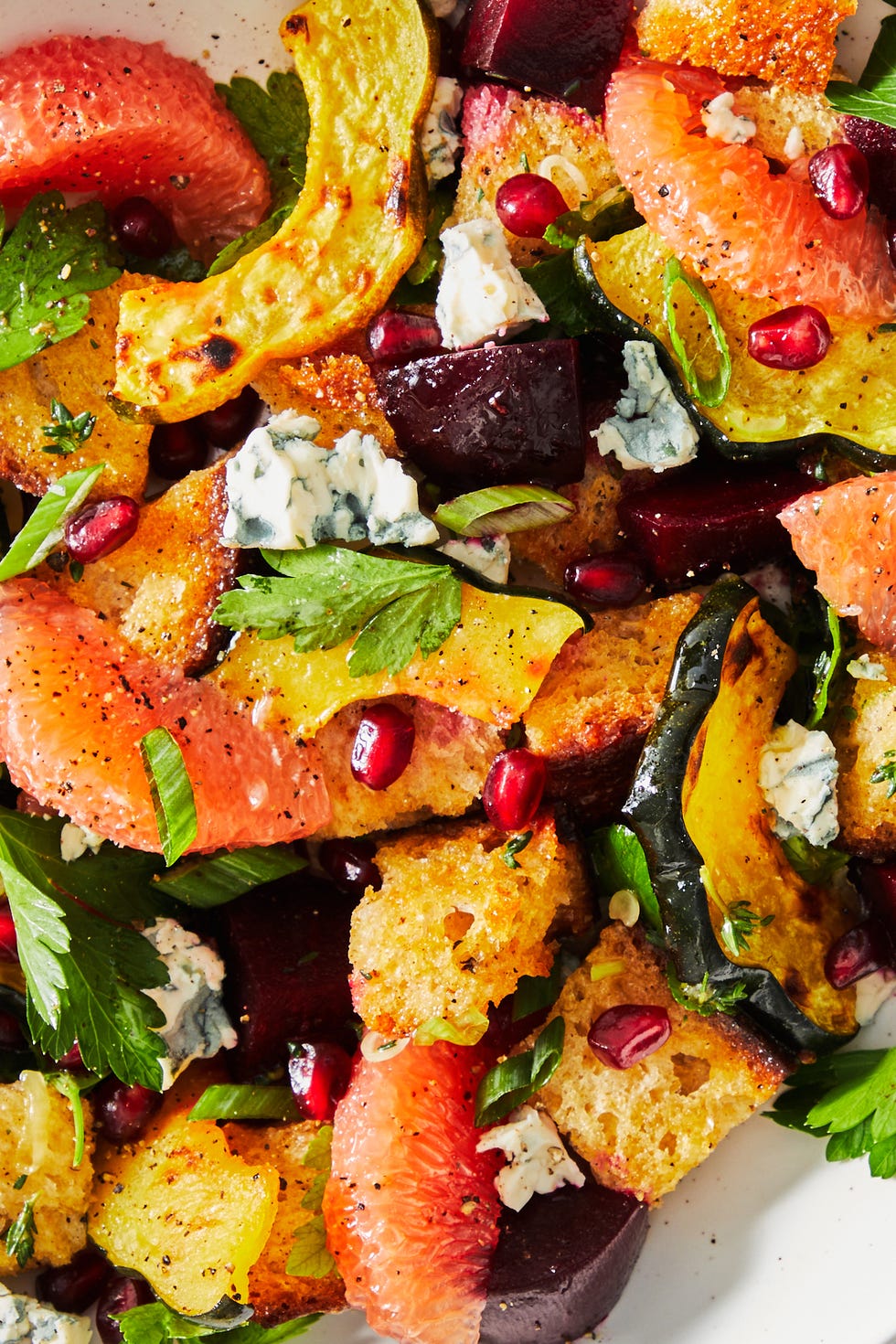 winter rainbow panzanella salad with beets squash grapefruit and blue cheese