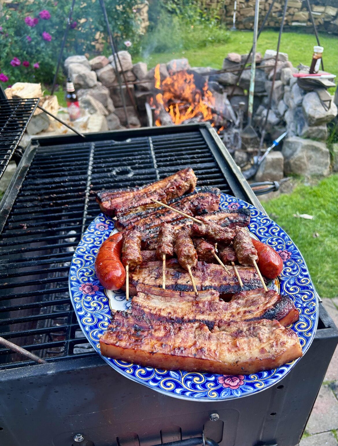 BBQ- Pork belly, lamb kebabs and spicy Calabrian sausage. Finished of with triple cooked chips and salad.