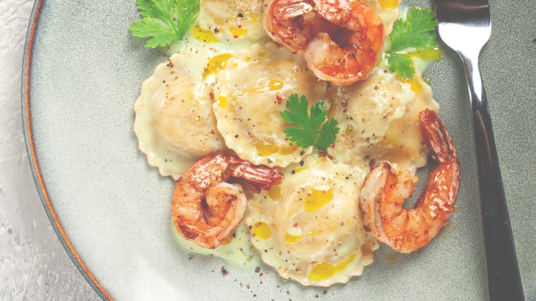 Shrimp ravioli dish
