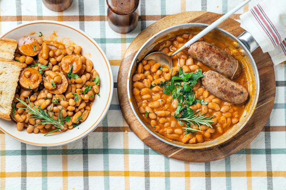 beans in a bowl with sausage