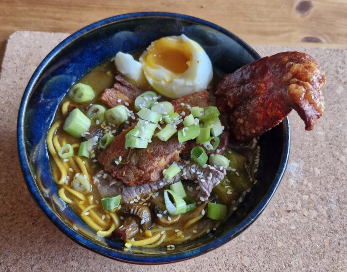 Ramen with chicken bone broth, pork belly, popeseye steak, crackling. Enough meat for the sub?