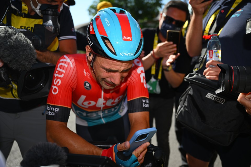 Victor Campenaerts of Lotto Dstny reacts after winning a Tour de France stage.