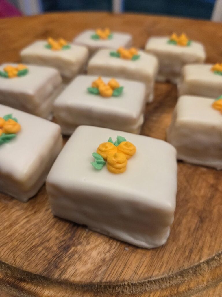 Petit Fours. Filled with apricot jelly and buttercream made with brie cheese!