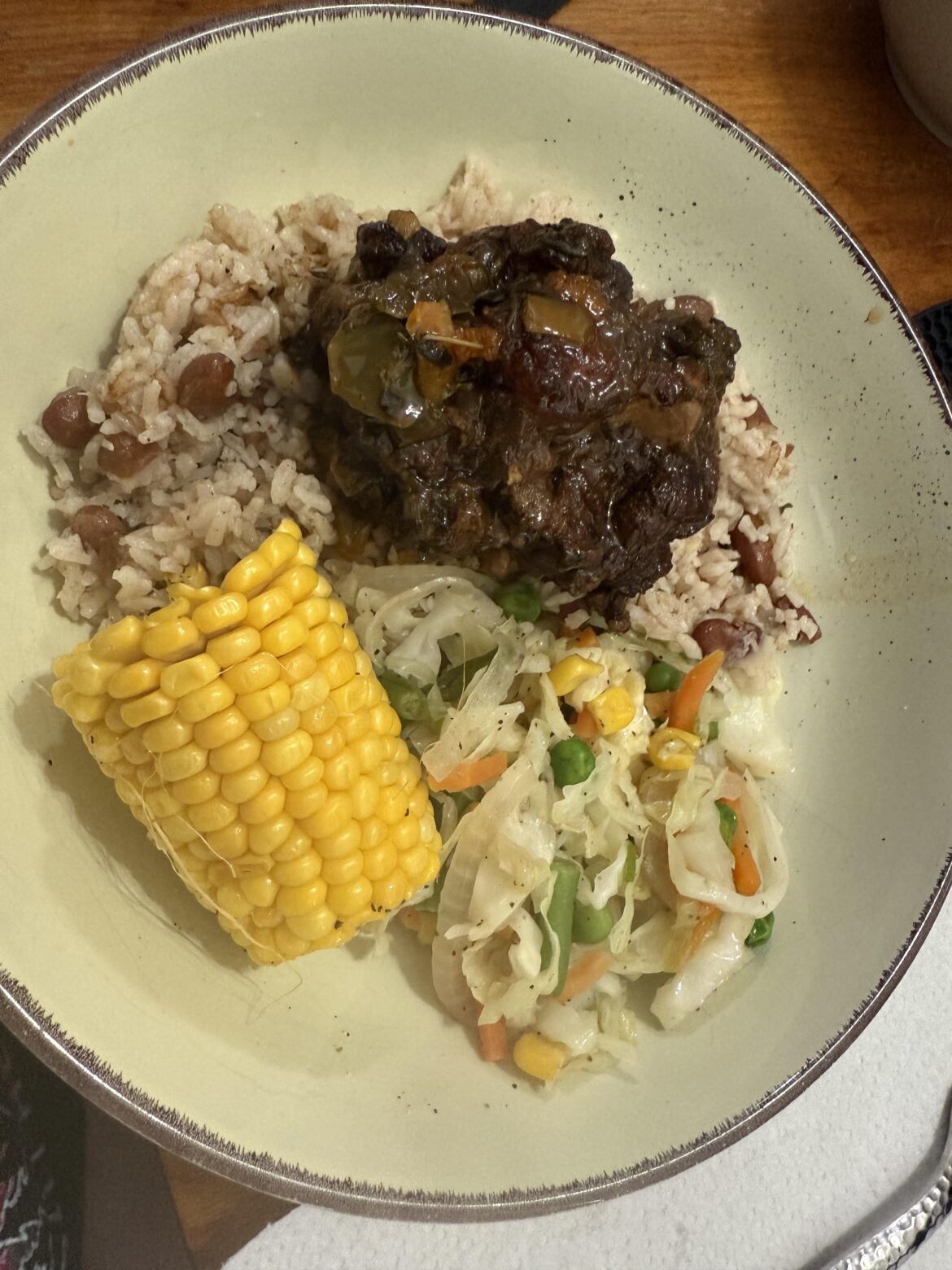 Ox tail, rice and peas, steamed cabbage- my first time!