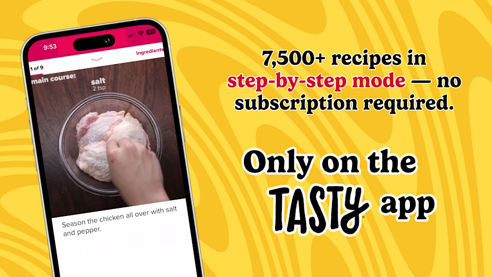 Recipe app advertisement highlighting "7500+ recipes in step-by-step mode—no subscription required," promoting the Tasty app