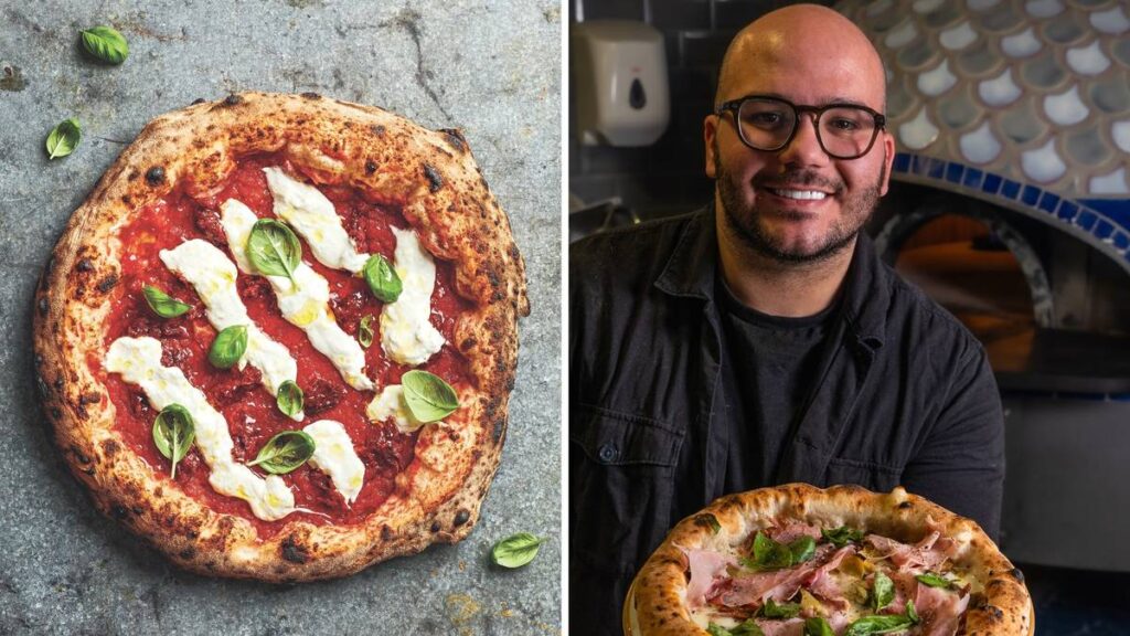 a split screen image showing a delicious margherita pizza on the left and chef michella pascarella on the right, holding a pizza creation