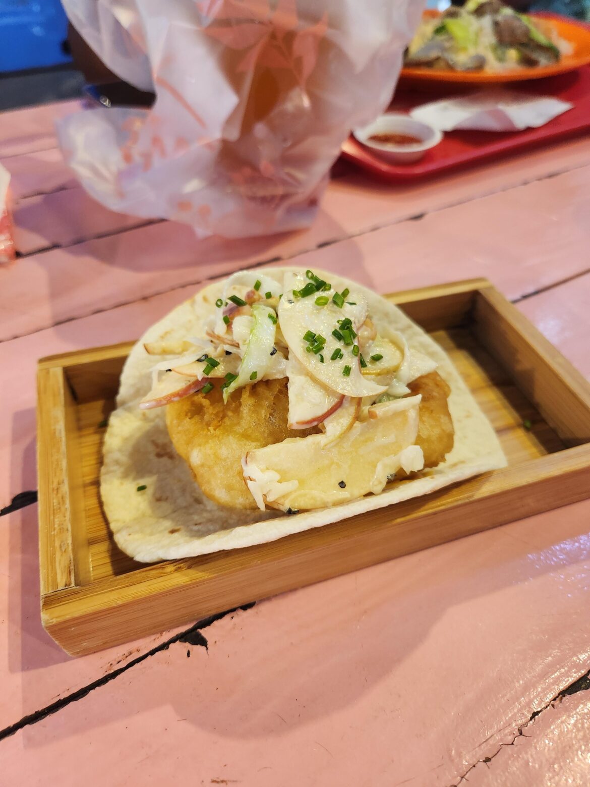 This Taco served in a well used wooden box.