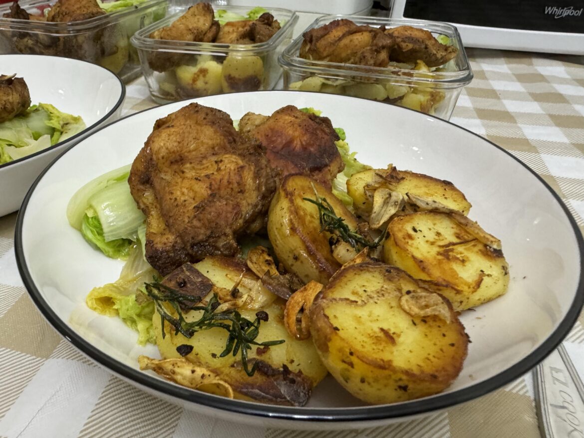 Old Bay Chicken Thighs and Garlic Thyme Skillet Potatoes
