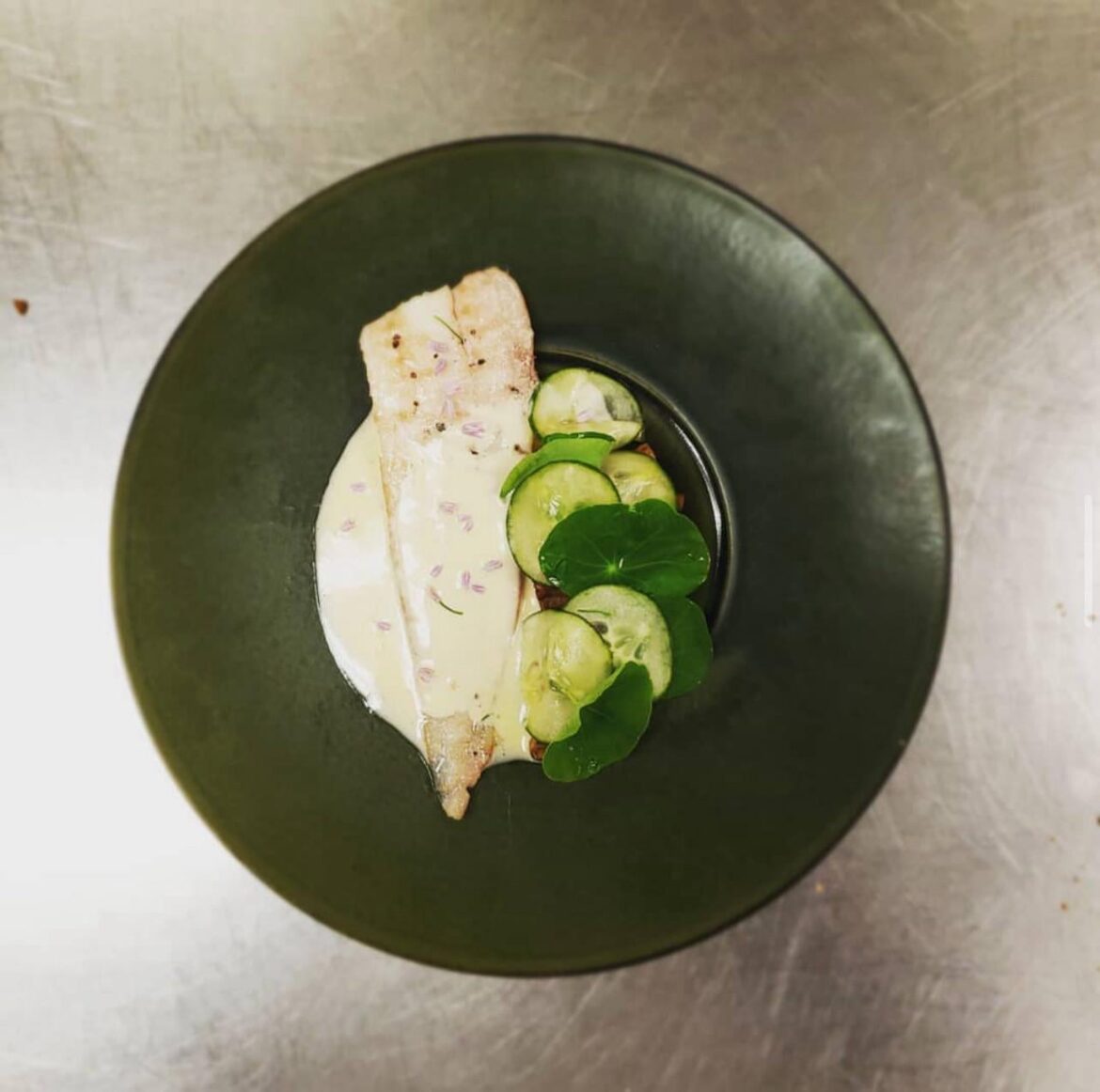 Oil Poached Fluke, Yuzu Beurre Blanc, Shitake Mushrooms, Cucumber and Nasturtium.