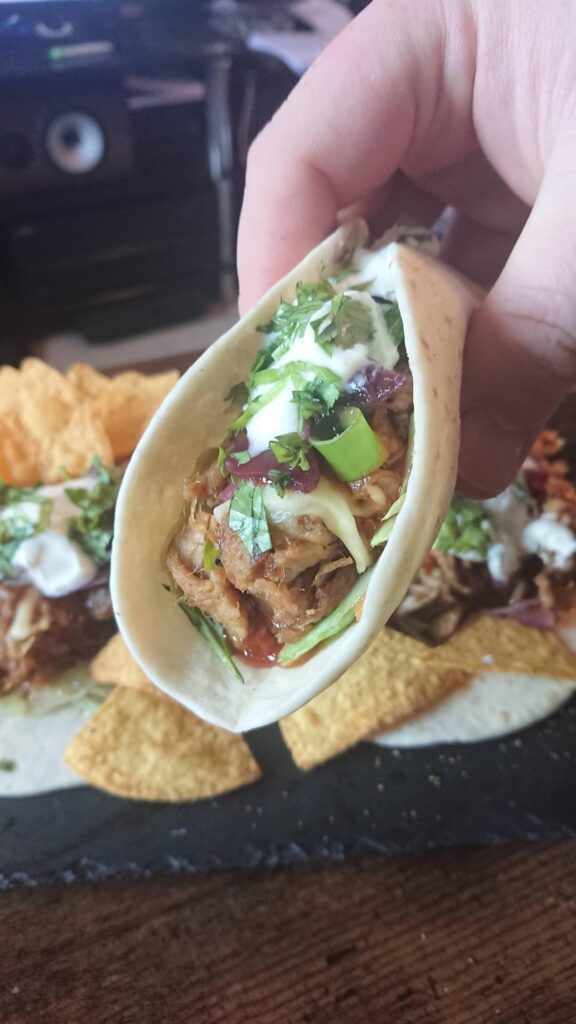Pulled Pork with Trinidad Scorpion BBQ sauce Tacos