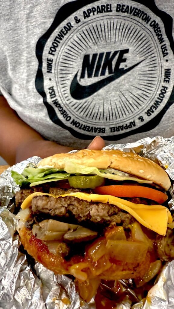 Hers & mine...5 guys bacon  doubles