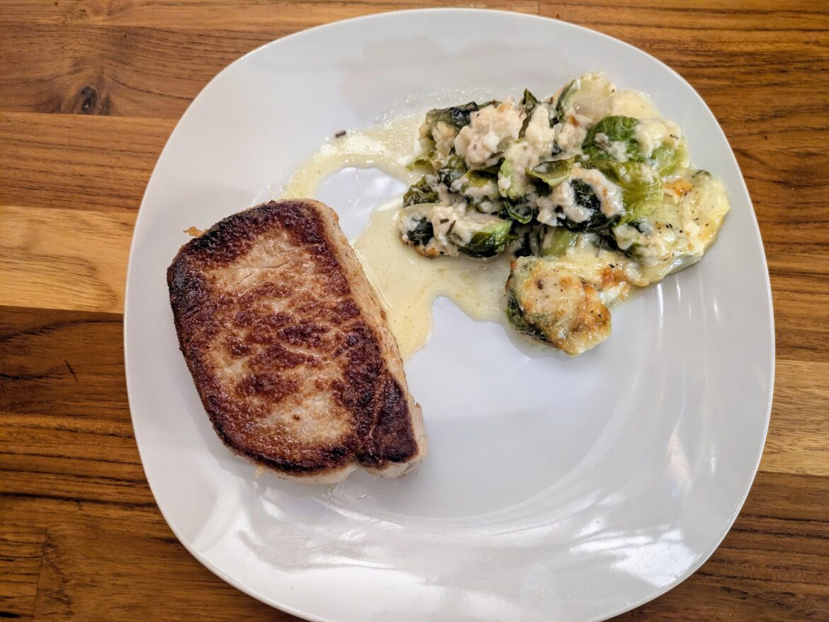 Sous Vide then Butter Basted Pork Chop with Creamy Baked Brussels Sprouts