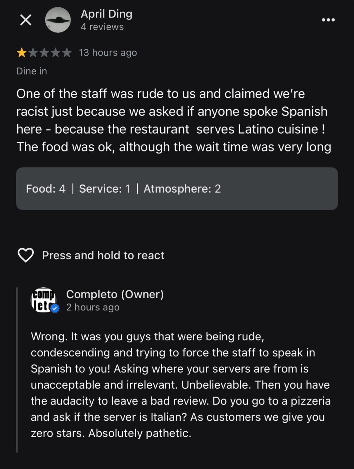 Get a taste of Completo’s rude responses to reviews that are anything less than 5 stars