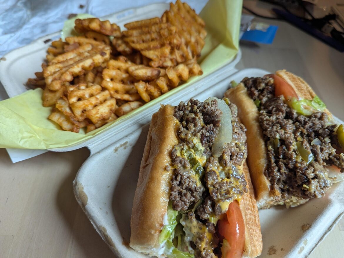Chopped cheese + waffle fries, Monty's Alhambra