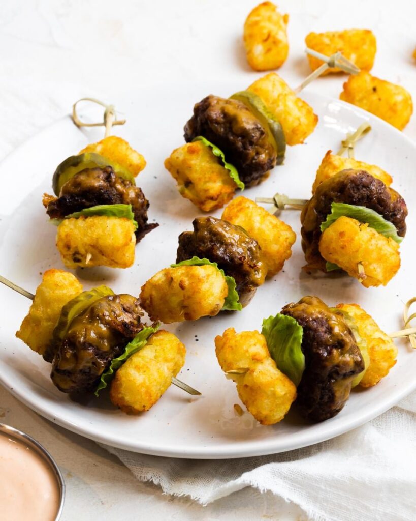 Mini Burger Skewers with Tater Tot Buns