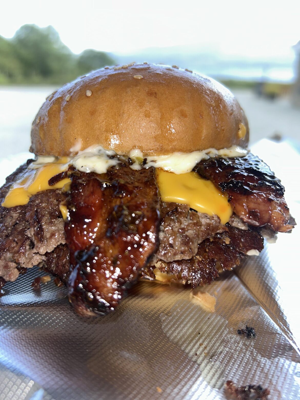 Triple smash, candied bacon, jalapeño butter mayo