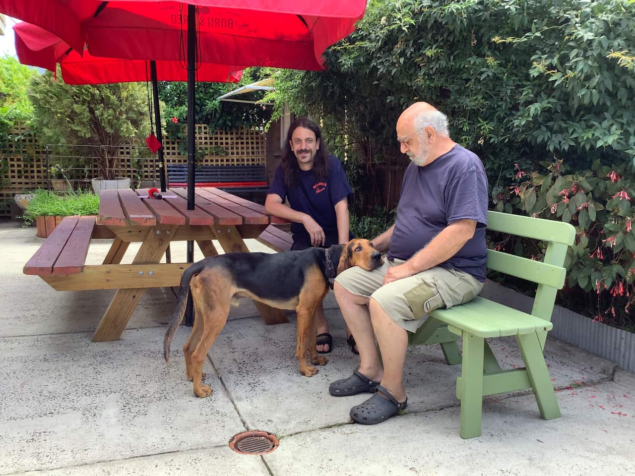 Hamish and Vince Vaccari with dog Chef 