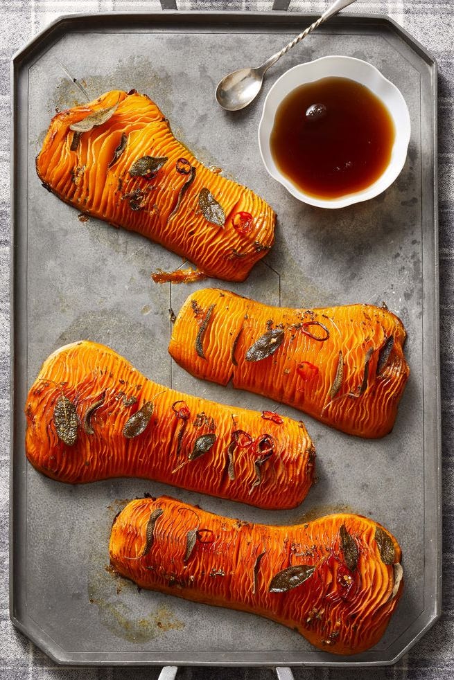hasselback butternut squash with maple brown sugar on a tray