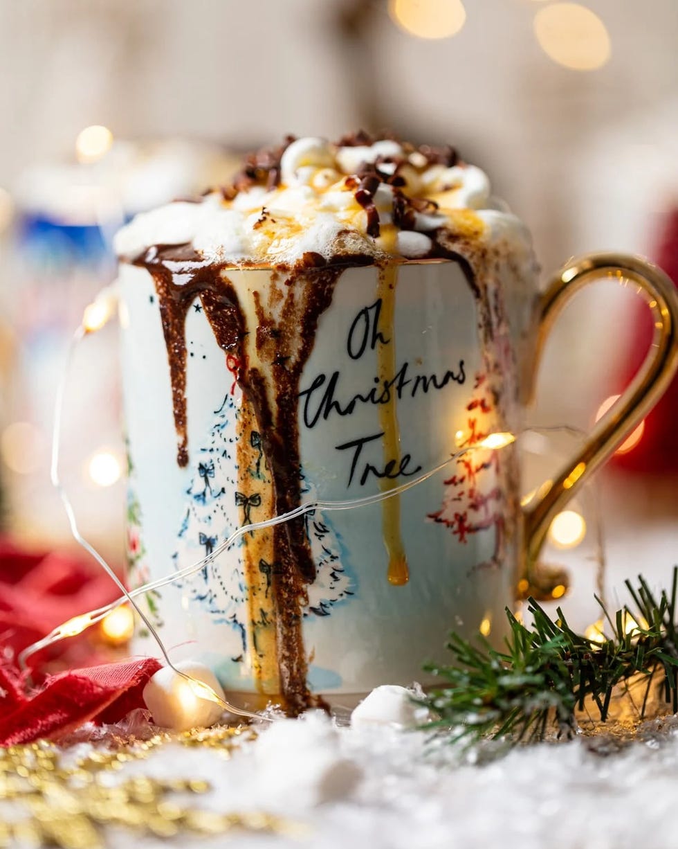creamy homemade caramel hot chocolate in christmas mug