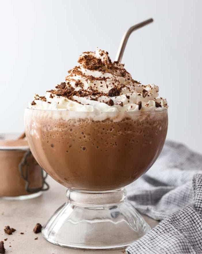 frozen hot chocolate in large glass cup with straw
