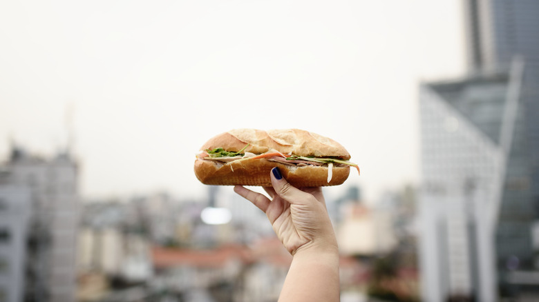 A person holds up a bánh mì