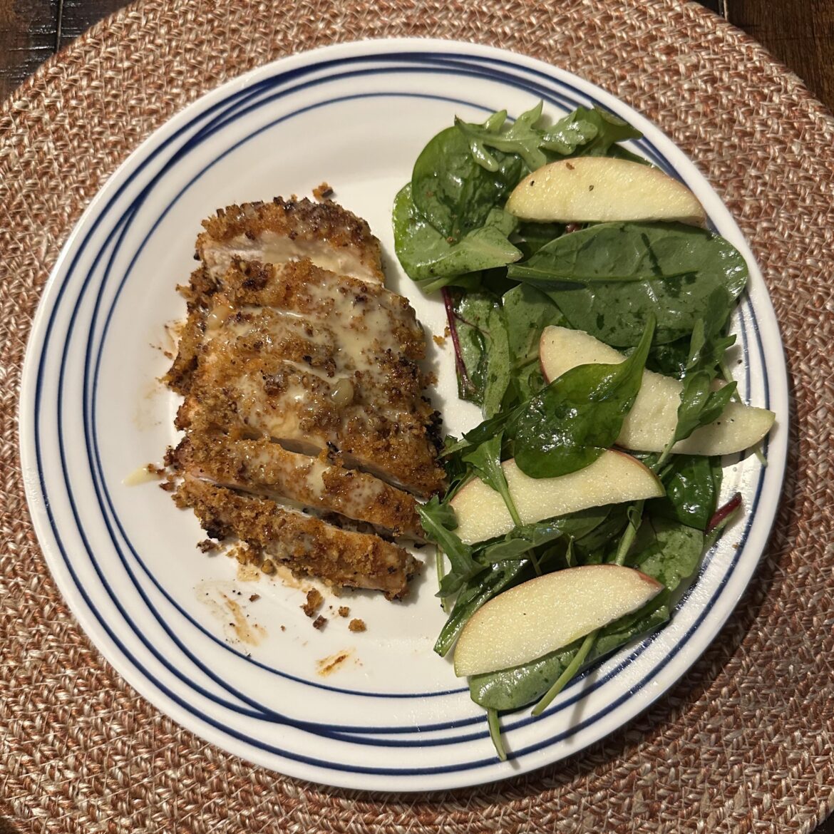 Pecan-crusted chicken with lemony apple salad was a 10/10!