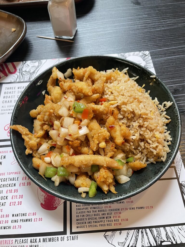 Salt and pepper chicken and egg fried rice? Before is full portion and after is how much left. 1000 cals?