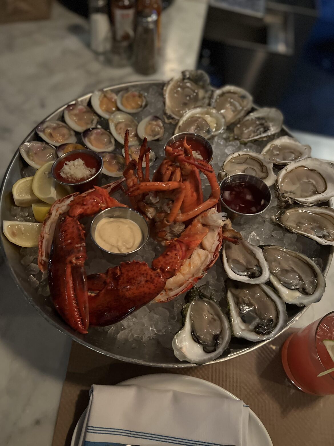 Oysters, clams and lobster cocktail