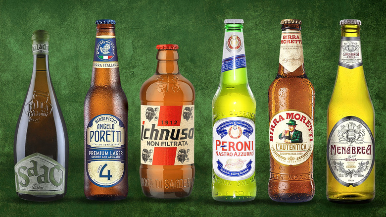 Six bottles of Italian beer with green background