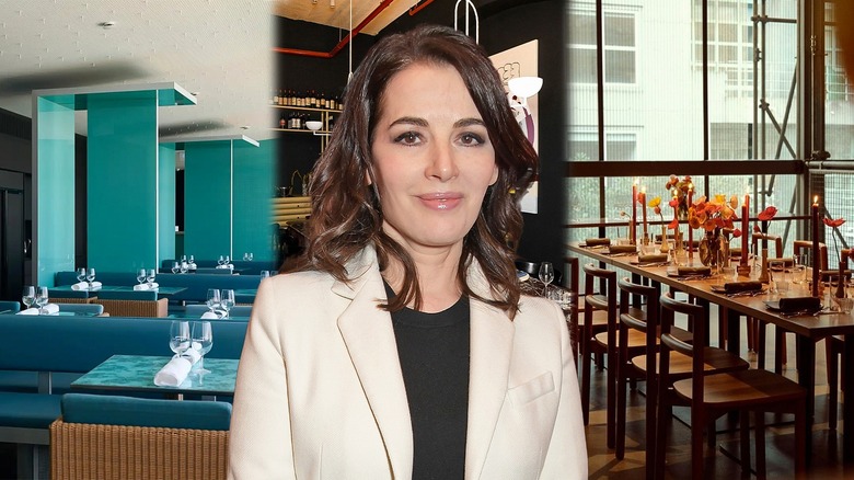 Nigella Lawson posing in front of backdrop of three restaurant interiors