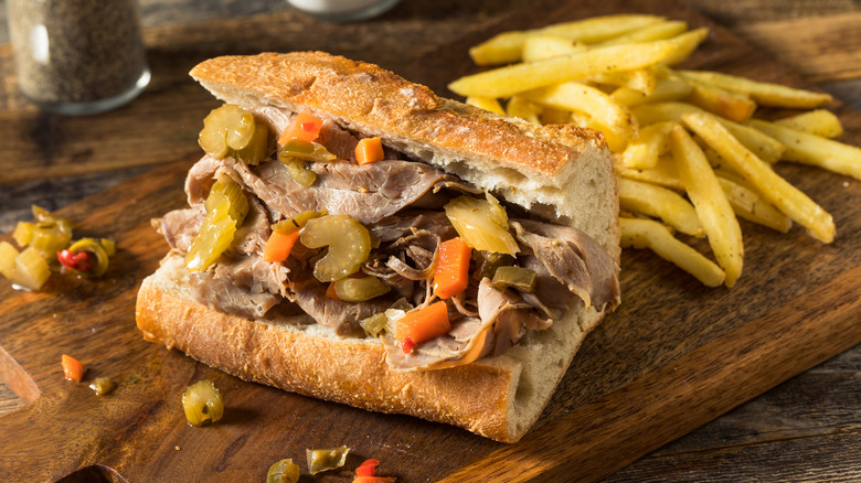 A hand crafted Chicago Italian beef sandwich.