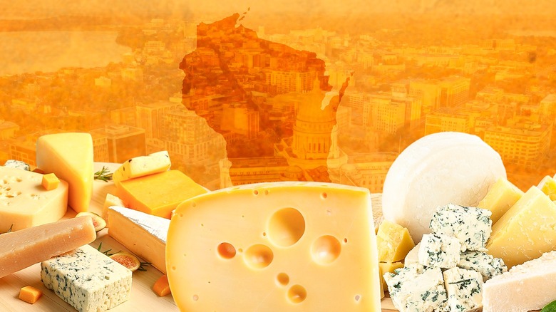 Collage of cheeses with Wisconsin in background