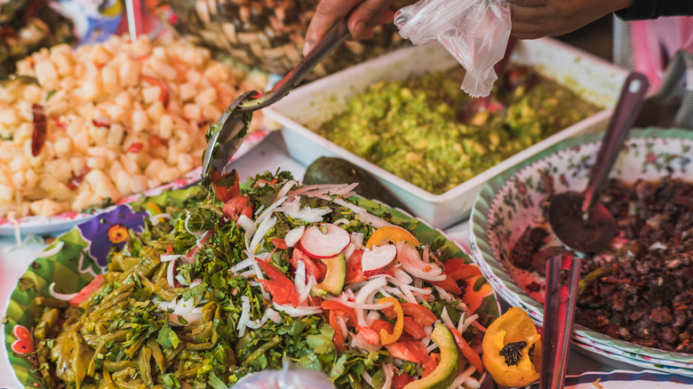 Ingredients for the traditional Taco de Plaza, typical food from Metepec, State of Mexico, there are nopales, beans, beef foot, pig foot, blood sausage, pickled vegetables