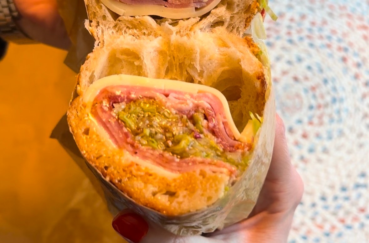 A cross-section of an Italian sandwich.