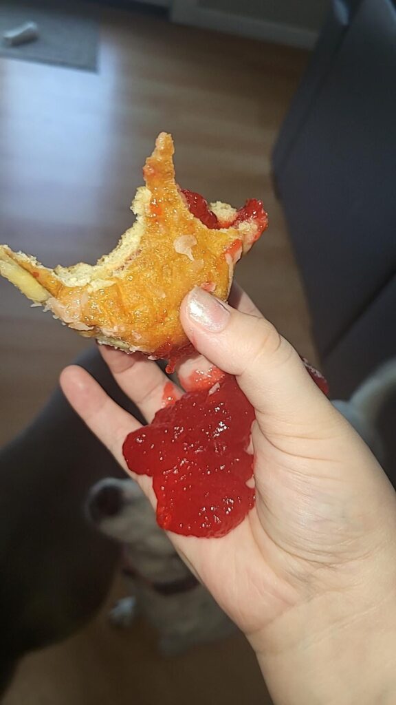 Was gonna take a nice pic of a filled doughnut, and then i bit it and it burt out the other end.