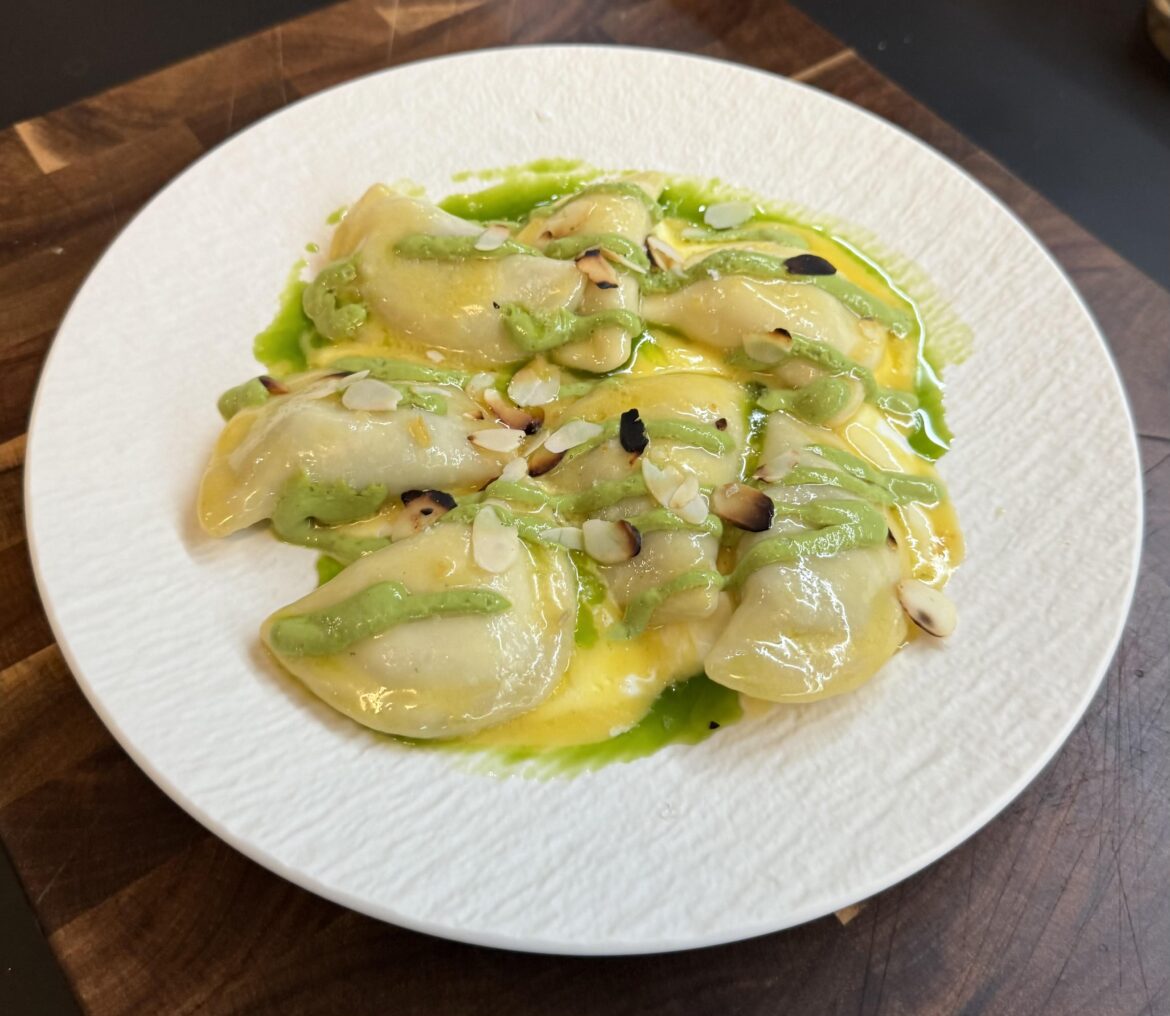 [Homemade]Vareniky, yoghurt, green tahini, basil oil