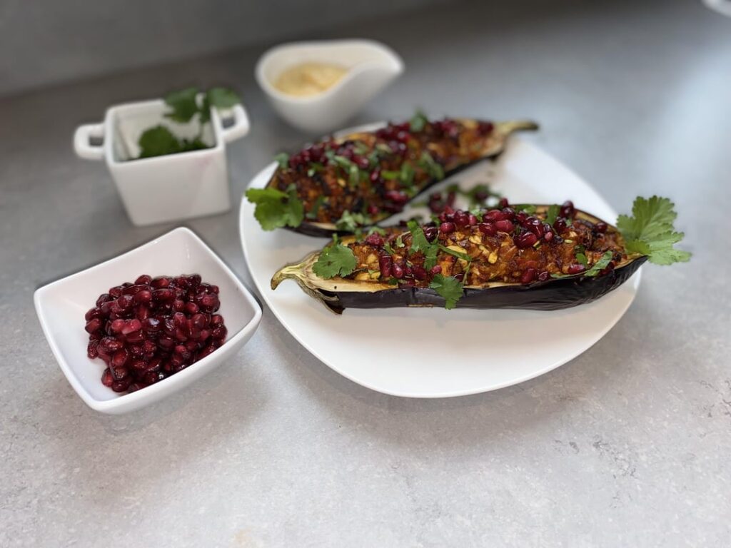 Middle Eastern Stuffed Aubergine with a Pomegranate & Turmeric Yoghurt