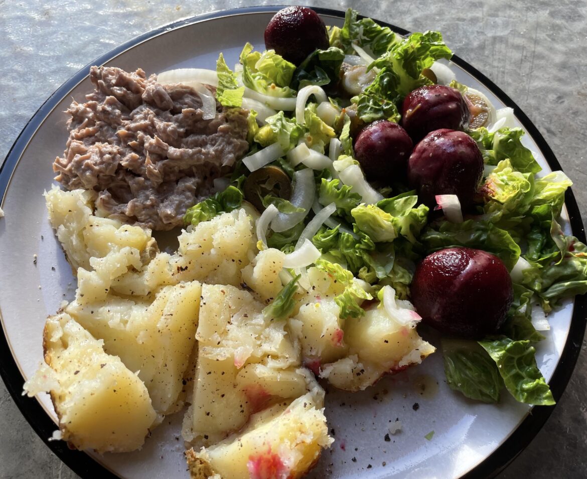 Jacket Potato with tuna mayo, onion, lettuce, jalapenos and balls of beetroot