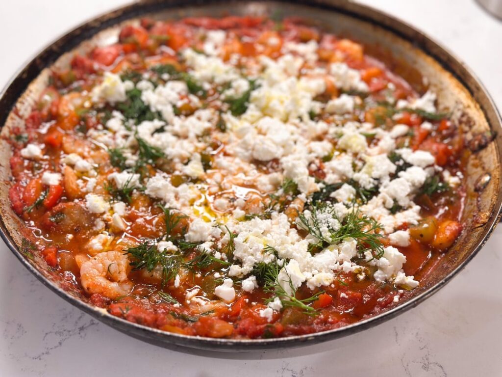 Greek-Style Shrimp with Tomatoes and Feta (Shrimp Saganaki) by Dawn Yanagihara for Cook’s Illustrated, Sept./Oct. 2010