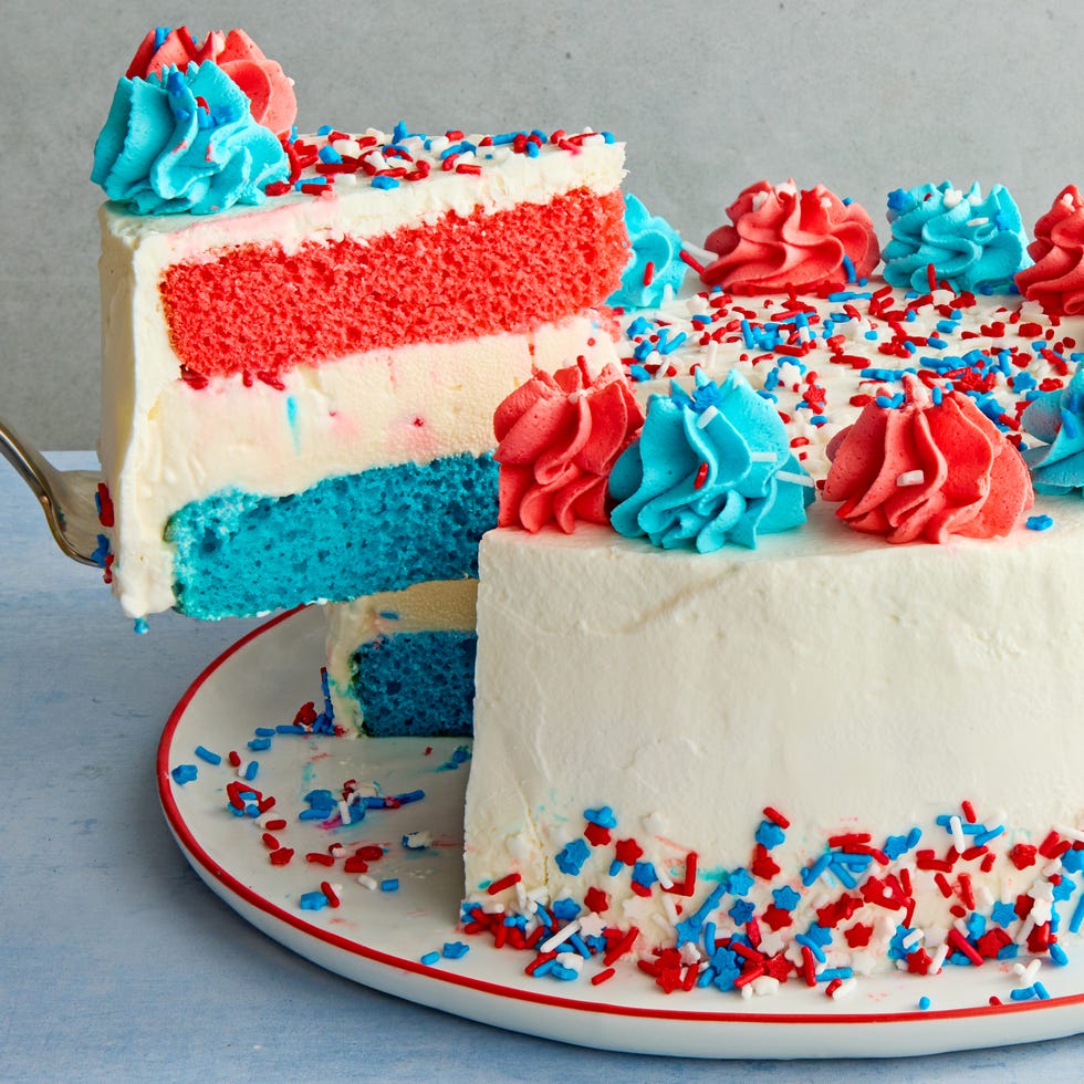 ice cream cake layered with blue, white, and red, topped with blue and white dollops of icing and sprinkles