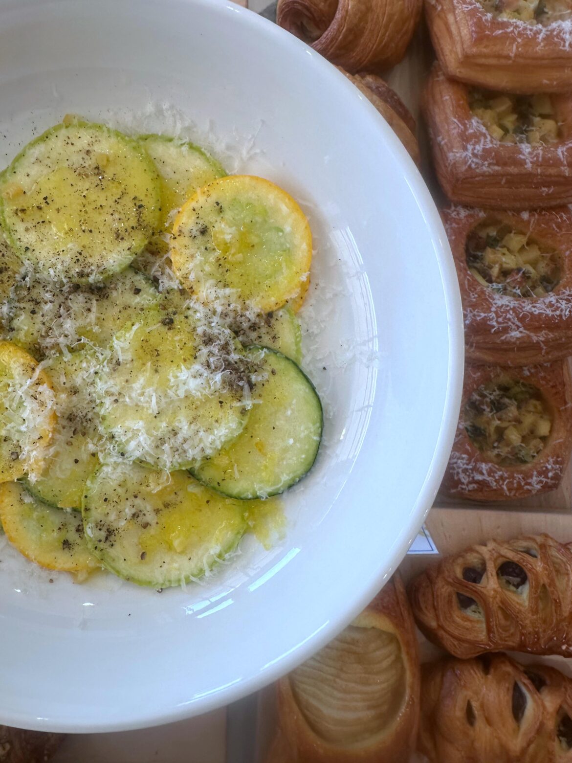 Shaved Summer Squashes. Preserved Lemon. Lemon Oil. Pecorino. Tellicherry Peppercorns.