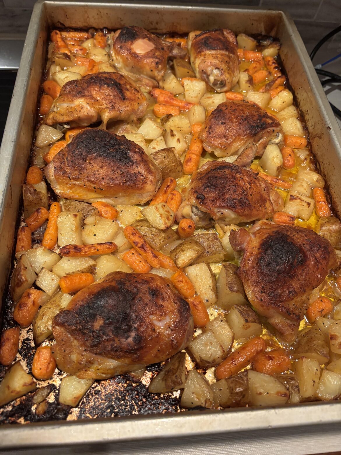 Slow roasted chicken thighs and veggies