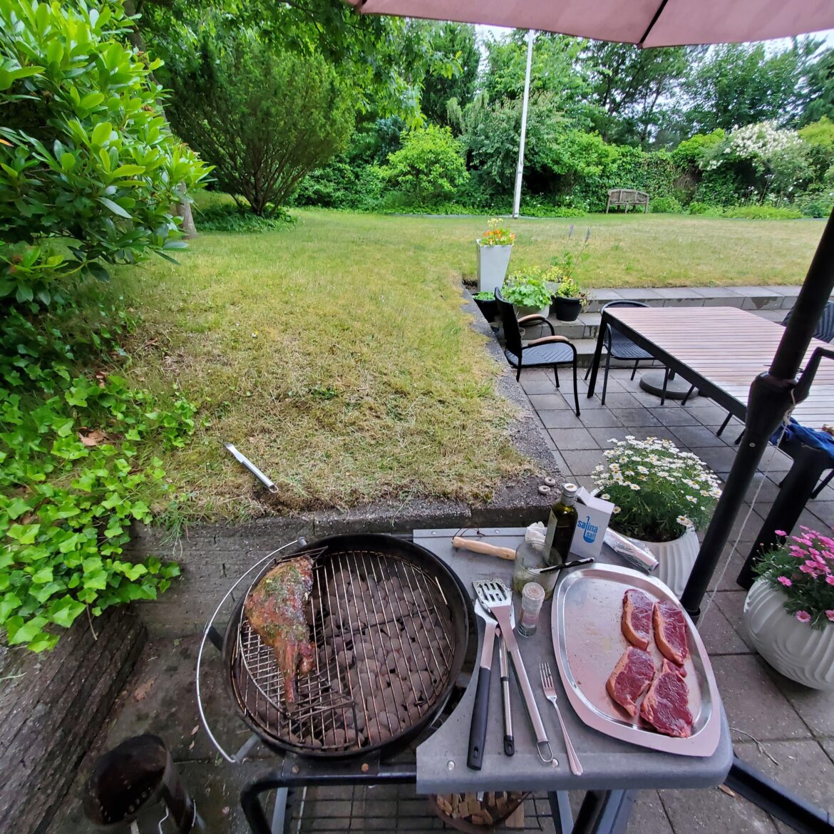 Nothing like grilling in the summer rain. Venison and steak