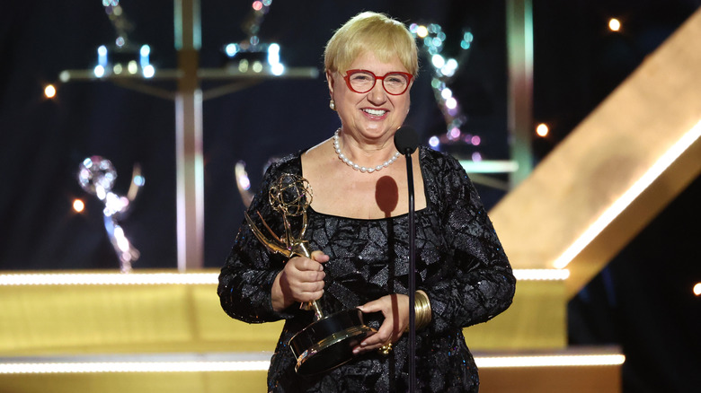 Lidia Bastianich accepting an Emmy at the awards ceremony