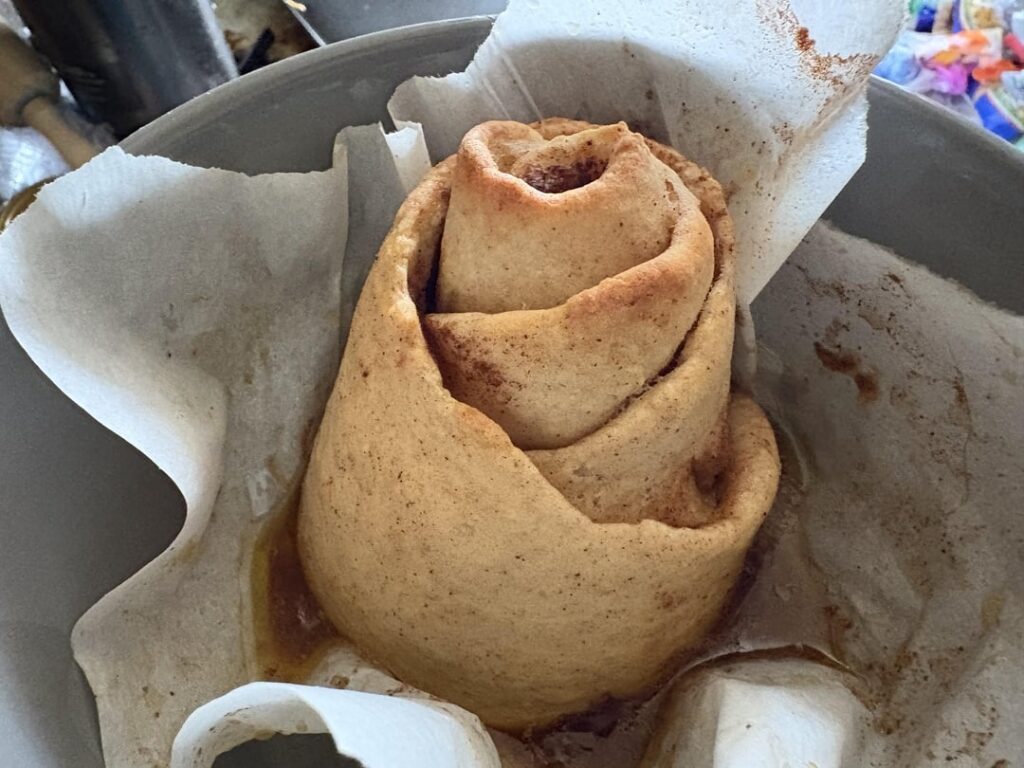 A work in progress. Cinnamon roll. Around 385 calories for the whole thing