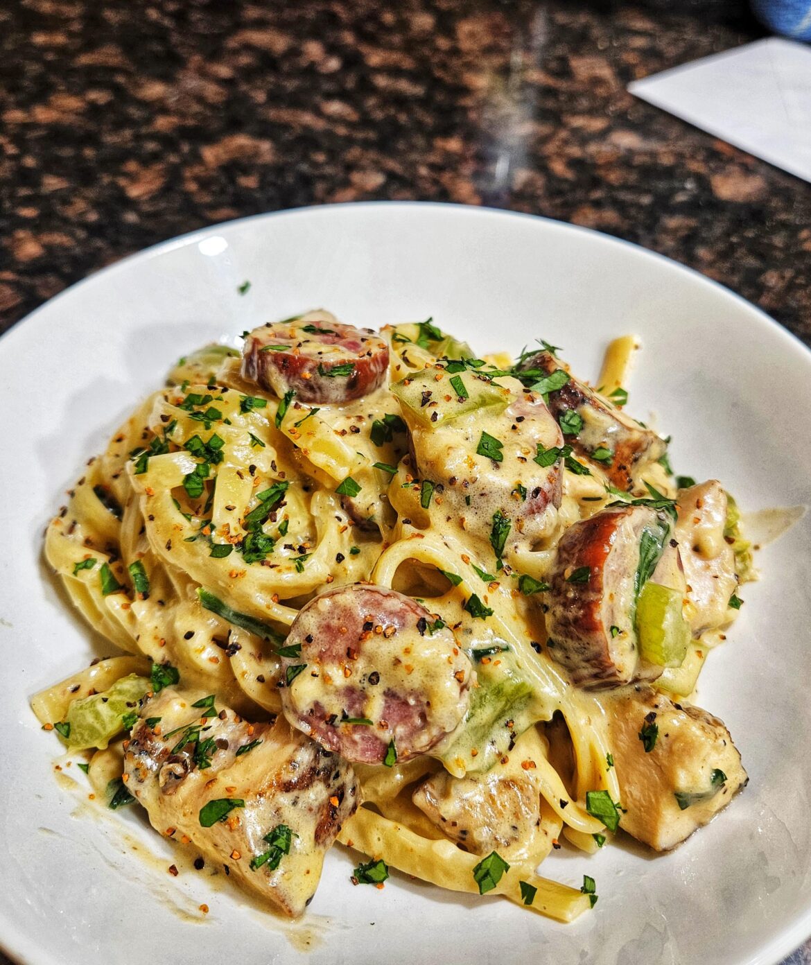 Leftover BBQ fettuccine alfredo.