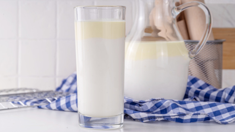 Raw milk pitcher and glass with slightly yellow cream on top