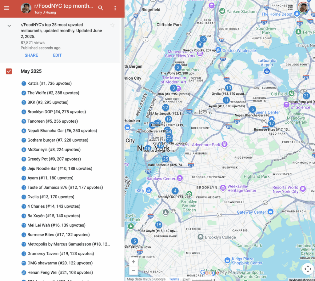 I plotted r/FoodNYC's most upvoted restaurants of May on a custom Google Map