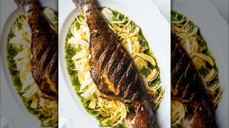 branzino with pesto and artichoke