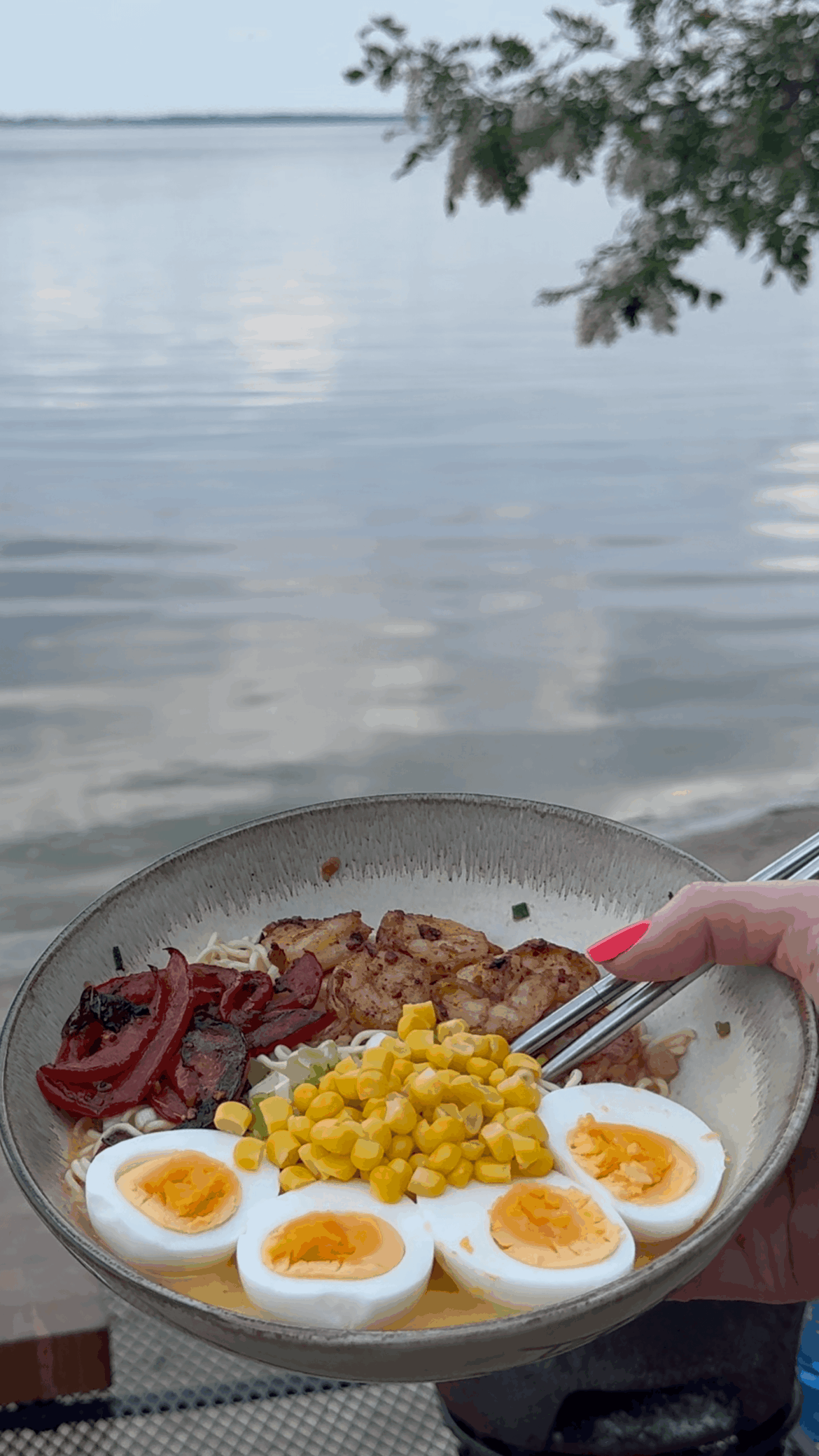 Ramen outdoors with shrimp